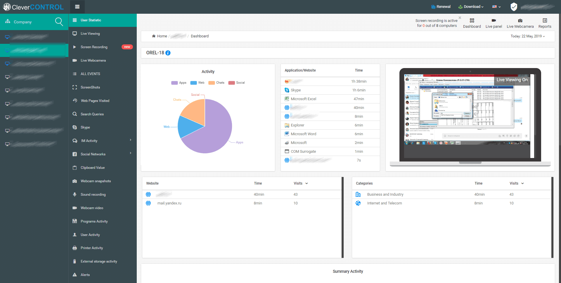 CleverControl smart employee monitoring - Application activity