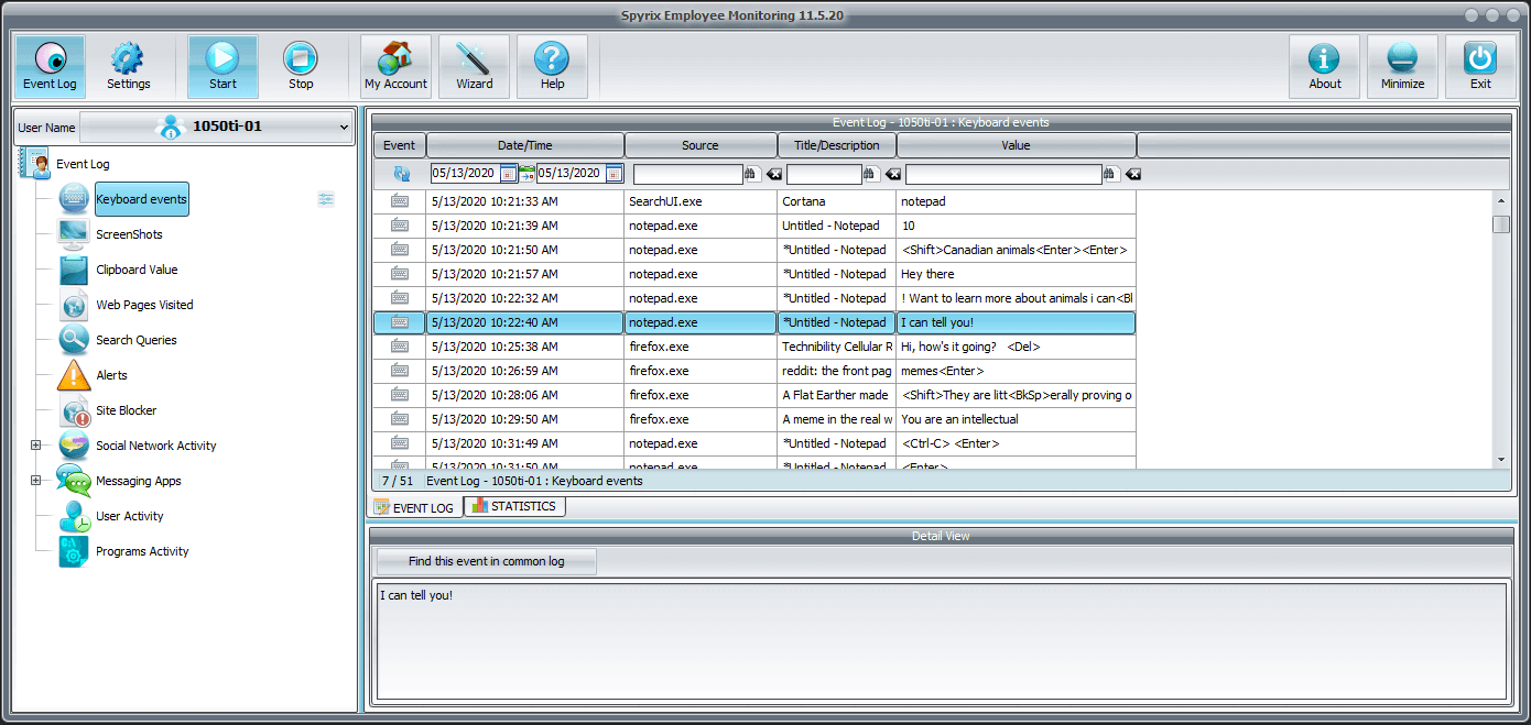 Spyrix Employee Monitoring - Keyboard Events