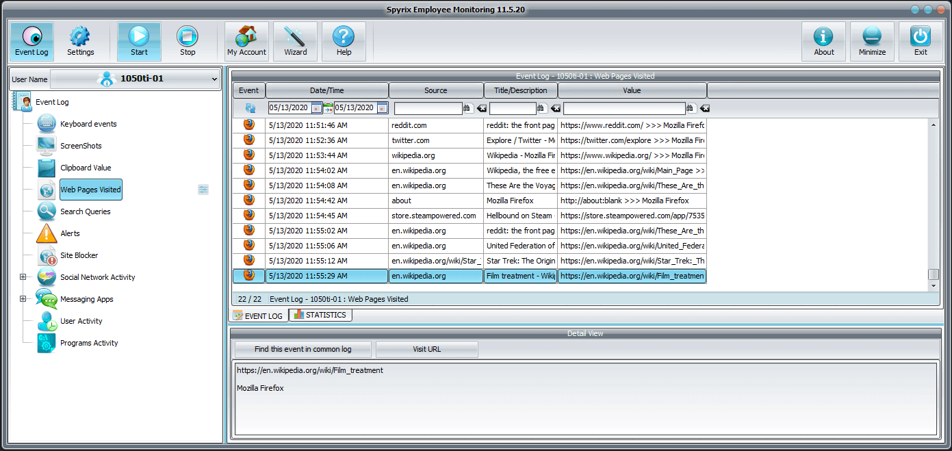 Spyrix Employee Monitoring - Web pages visited