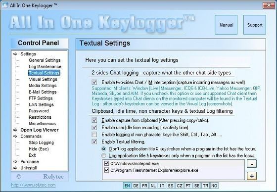 All-in-one Keylogger control panel. Textual settings.