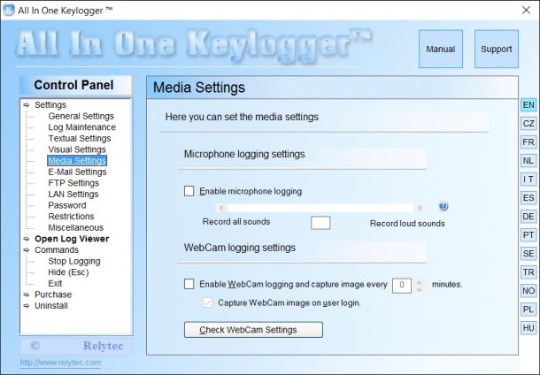 All-in-one Keylogger media settings - Microphone logging and WebCam logging settings.