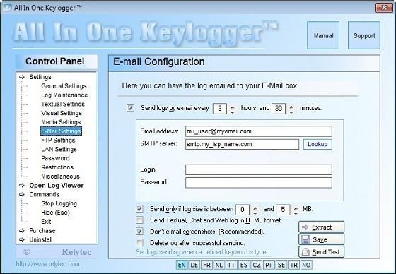 All-in-one keylogger email configuration.
