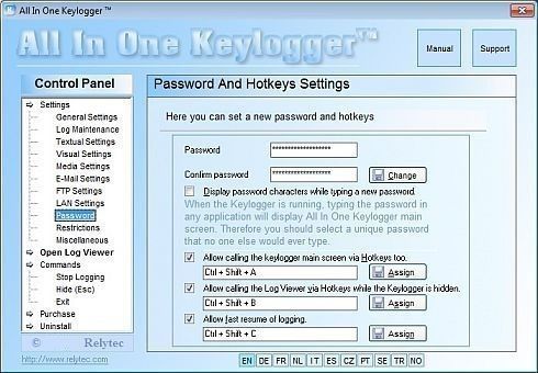 All-in-one keylogger password and hotkeys settings.