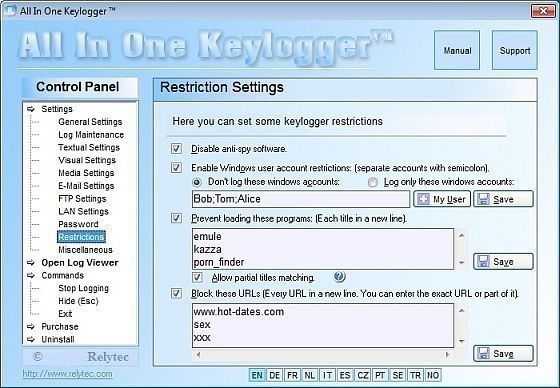 All-in-one keylogger restriction settings.