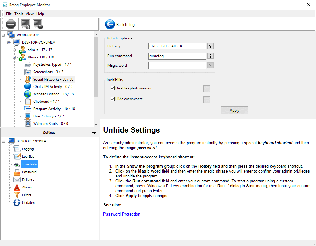 Refog Employee Monitor - unhide settings