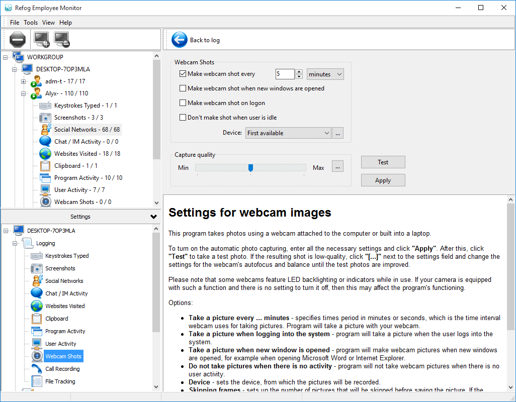 REFOG Employee Monitor - settings for webcam images