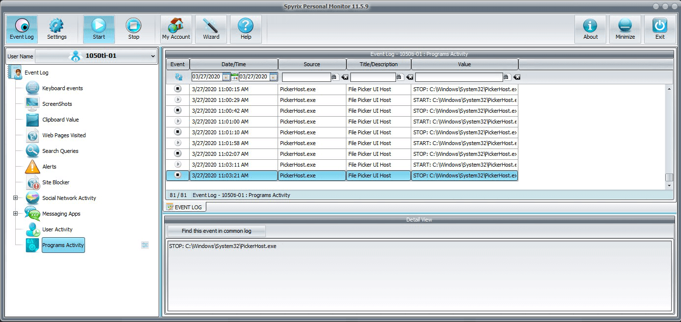Spyrix Personal Monitor programs activity