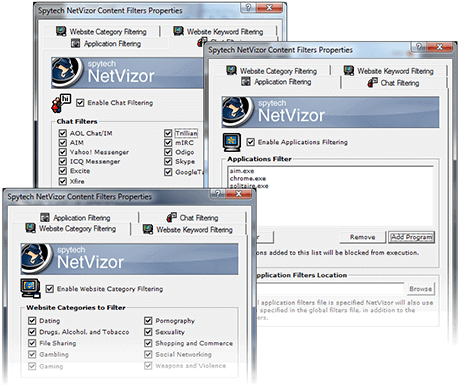 Spytech NetVizor content filters properties