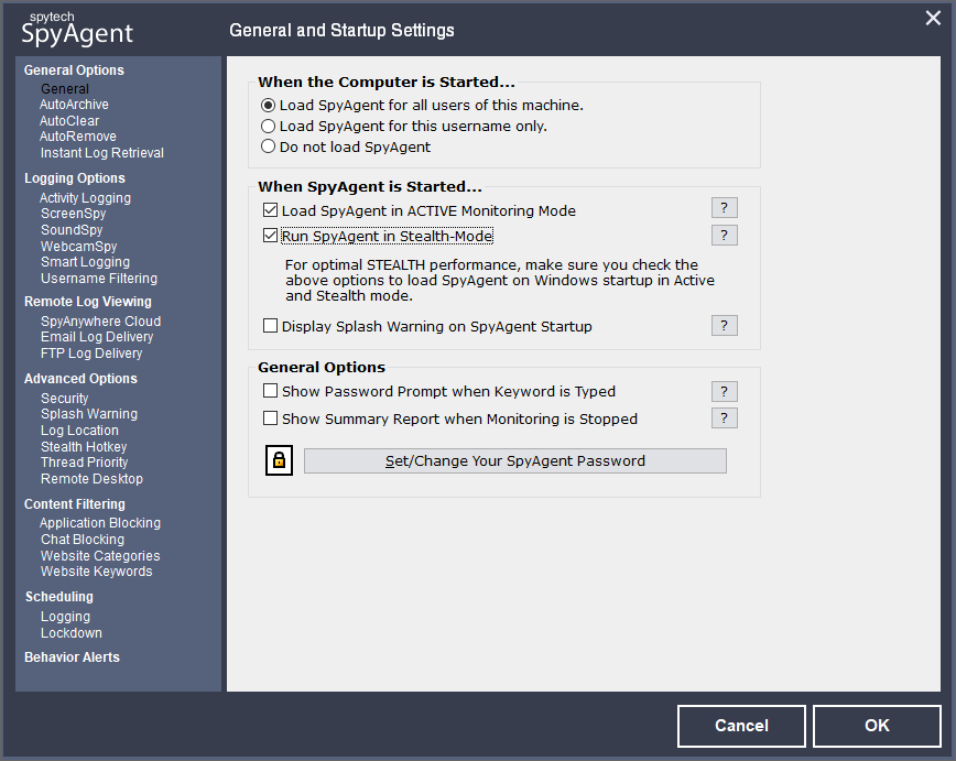 Spytech SpyAgent Stealth Edition - general and startup settings