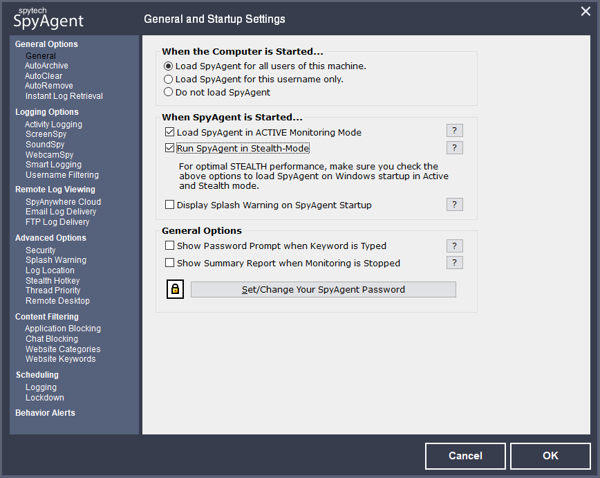 Spytech SpyAgent Stealth Edition - общие и начальные настройки