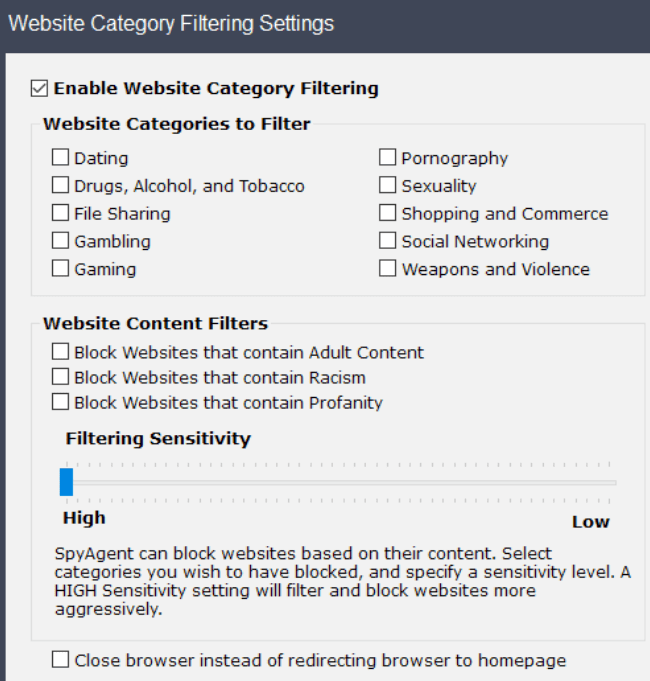 Spytech SpyAgent Stealth Edition - Websites category filtering settings