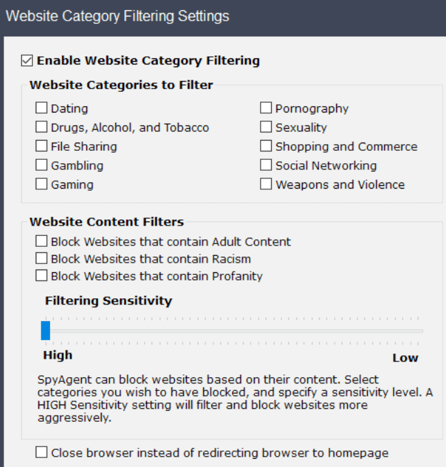 Spytech SpyAgent Stealth Edition - Настройки фильтрации категорий сайтов