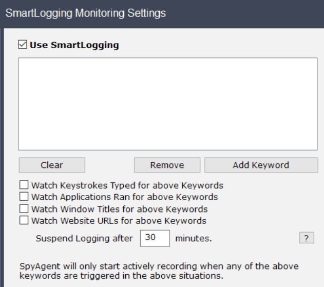 Spytech SpyAgent Stealth Edition - SmartLogging monitoring settings