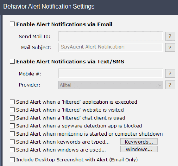 Spytech SpyAgent Stealth Edition - Behavior alert notification settings