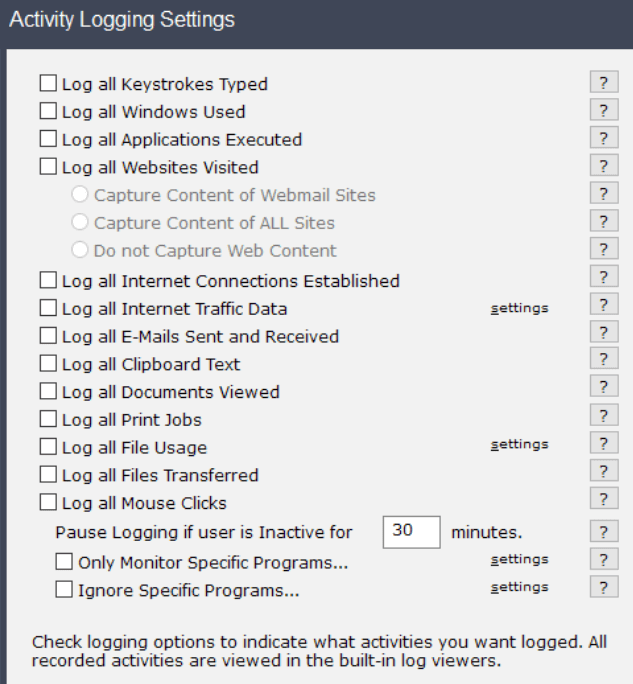 Spytech SpyAgent Stealth Edition - Activity logging settings