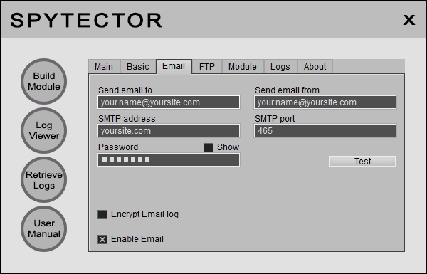 Spytector Email settings.