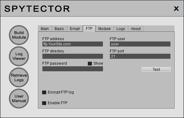 Spytector FTP settings.