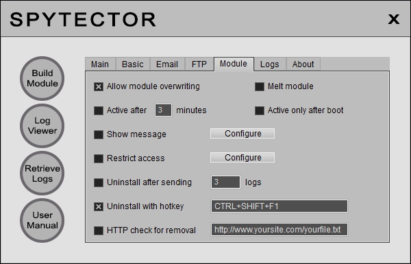 Spytector Module Settings.