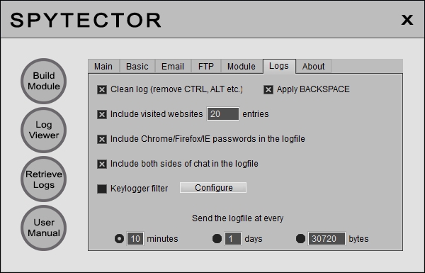 Spytector Log Settings.